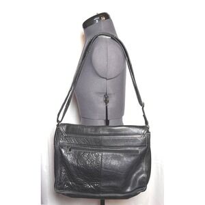 Vtg 90s Black Genuine Leather Messenger Bag Crossbody Satchel Laptop Bag DAMAGED